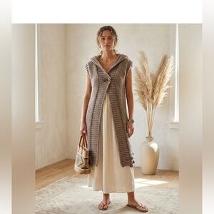 Beaubois Long Chunky Knit Hooded Cardigan Vest Large Boho Minimalist Neutral L